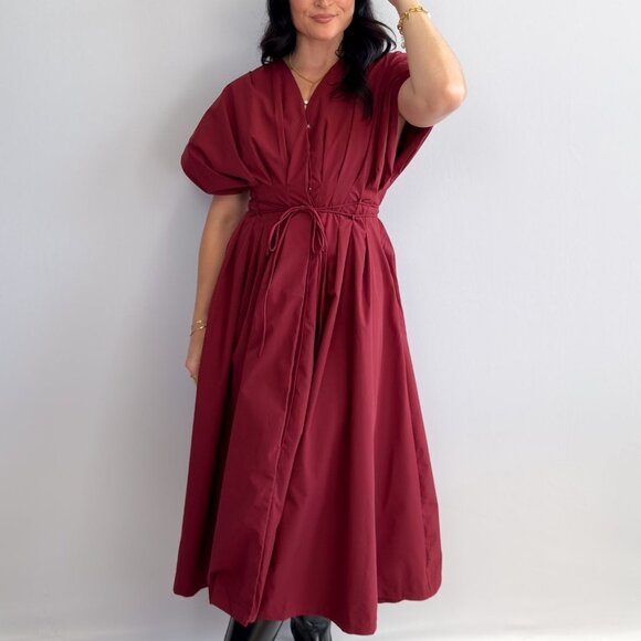 Women's Burgundy Tie-Waist Midi Dress with Pockets - Picture 3 of 9